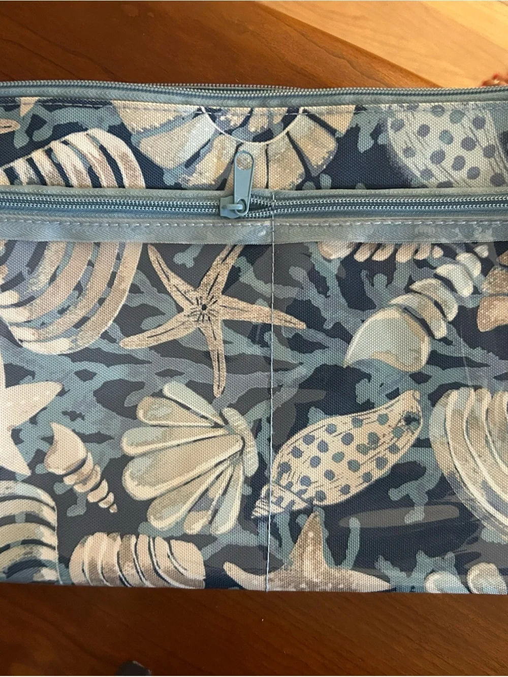 Seashell Printed Cosmetic Pouch in Blue and Cream